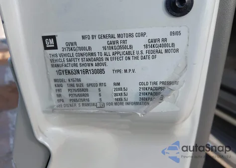 2006 Cadillac Escalade Standard z USA, uszkodzony, nr VIN 1GYEK63N16R130085